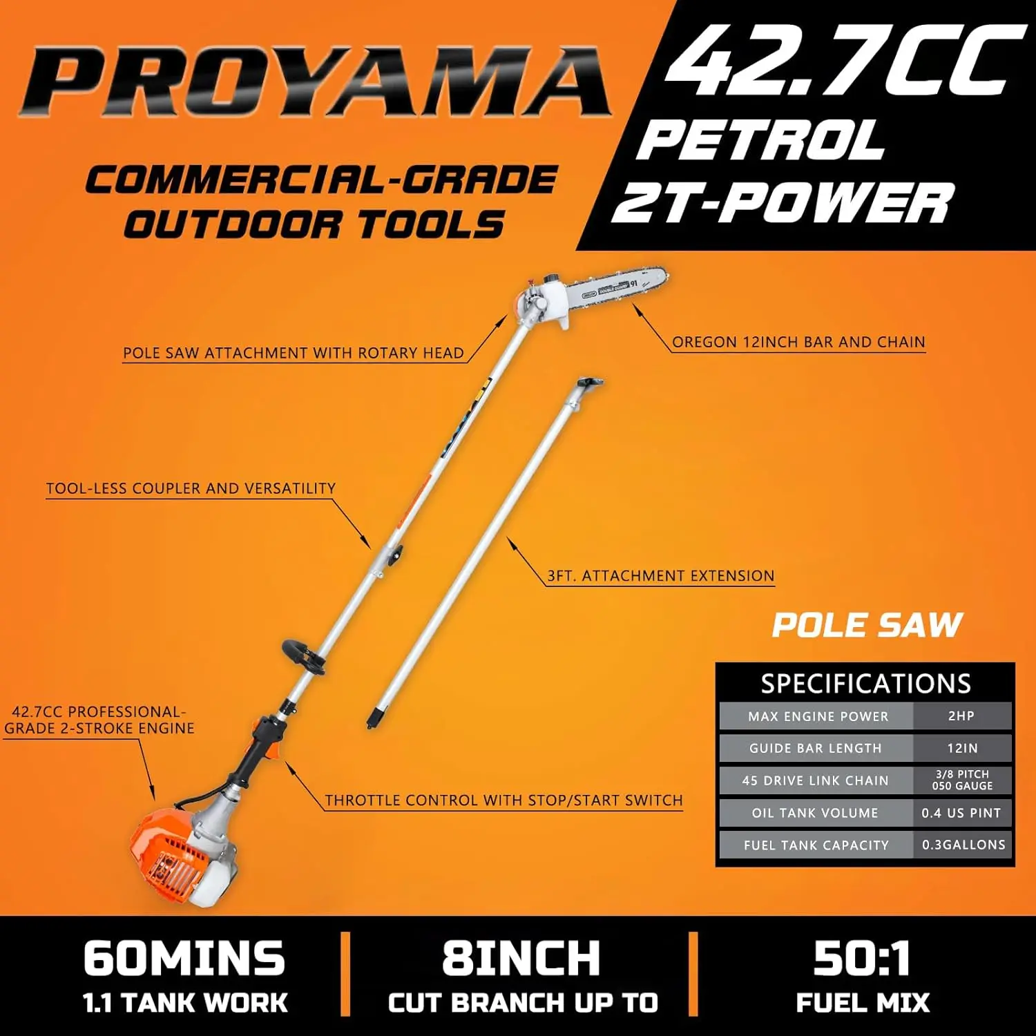 Motosserra de pólo ajustável de cabeça de 90-180 graus 42,7cc para aparar árvores com barra de corte de 12 polegadas e corrente de extensão de 38 polegadas para um 15