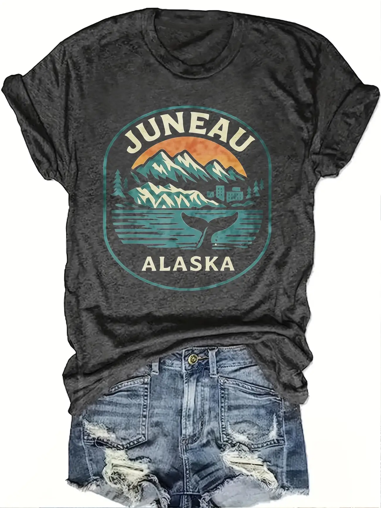 

Plus size women's short sleeve T-shirt Juneau Alaska Mountain Sunset Whale Everyday comfortable and versatile style summer