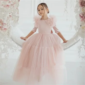 Robes à fleurs roses en Tulle pour filles, avec nœud, demi-m...