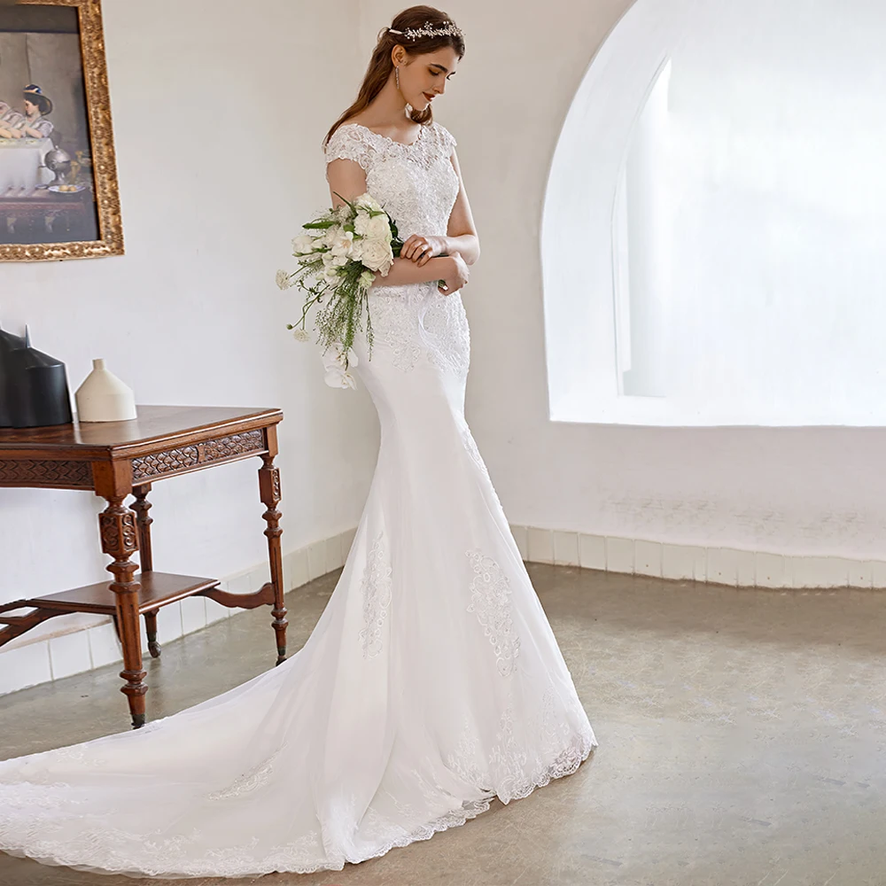 

Customized vestido de novia Delicate Mermaid Wedding Dress Cap Sleeve Design Floor-Length Romantic Weddings bridal dress