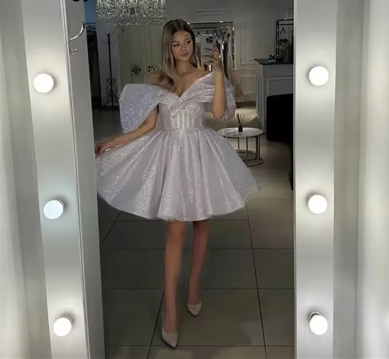 Customized Shinny Short Prom Dresses Off The Shoulder Tight Corset Sweetheart Birthday Party Dress Glitter Tulle Evening Dress image 6