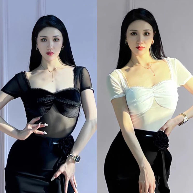 

See Through Latin Dance Tops Women Short Sleeves White Black Leotards Adult Rumba Ballroom Dance Clothes Practice Wear DNV18394