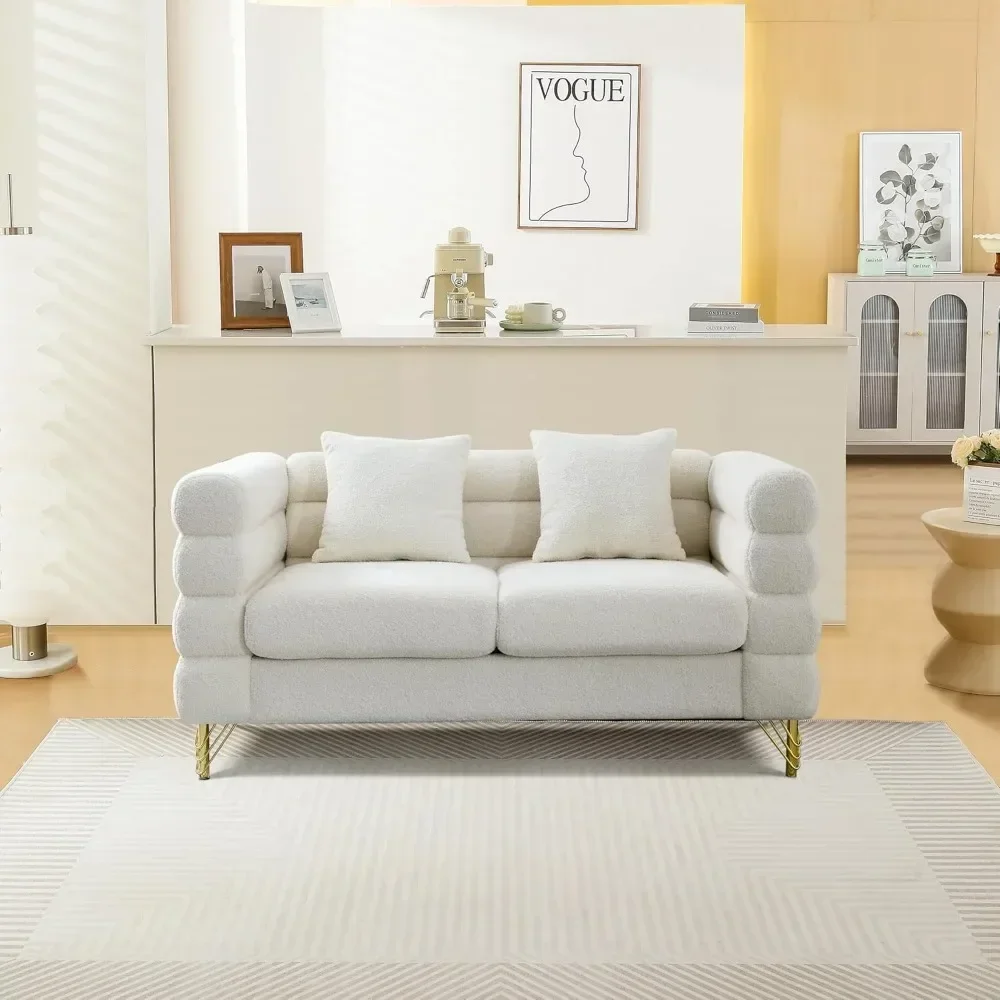 Modern Teddy Loveseat Sofa, 60 Inch Sectional Sofa Couch, Luxury 2 Seater Deep Couch with 2 Pillows and Gold Metal Legs  Couches