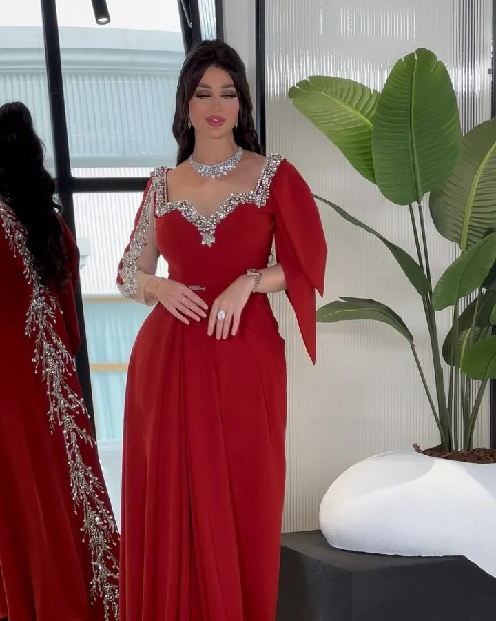 Red Mermaid Prom Dresses Long for Women 2025 Beading Crystal A Line V Neck Formal Evening Gowns Customized image 6