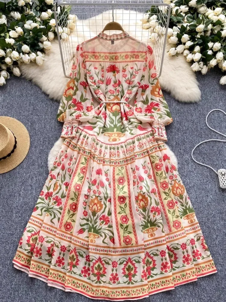 O-neck Lantern Sleeve Woman Dress 2024 Vestidos De Mujer Single Breasted Floral Big Swing Maxi Dresses Korean Summer Robe Femme