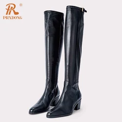 PRXDONG 2023 New Brand Women's Knee High Boots Med Heels Round Toe Black Dress Casual Female Autumn WInter Warm Shoes Size 34-42