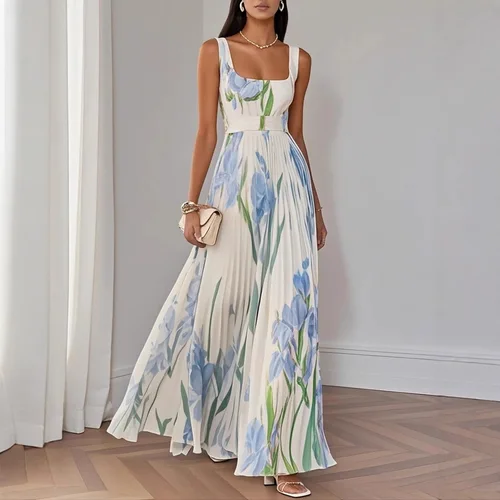 Imagen 2 del producto 2025Vestido de verano con tirantes sin mangas para mujer, vestidos largos plisados con estampado Floral elegante, vestido de fiesta de cintura alta con cuello cuadrado de primavera