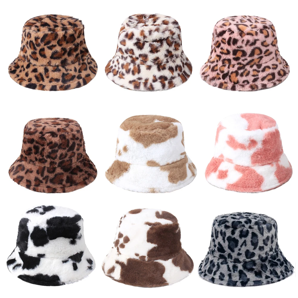 

Winter Cow Leopard Faux Fur Fluffy Bucket Hats Women Outdoor Warm Sun Hat Soft Velvet Furry Fisherman Cap Girl Fashion Panama