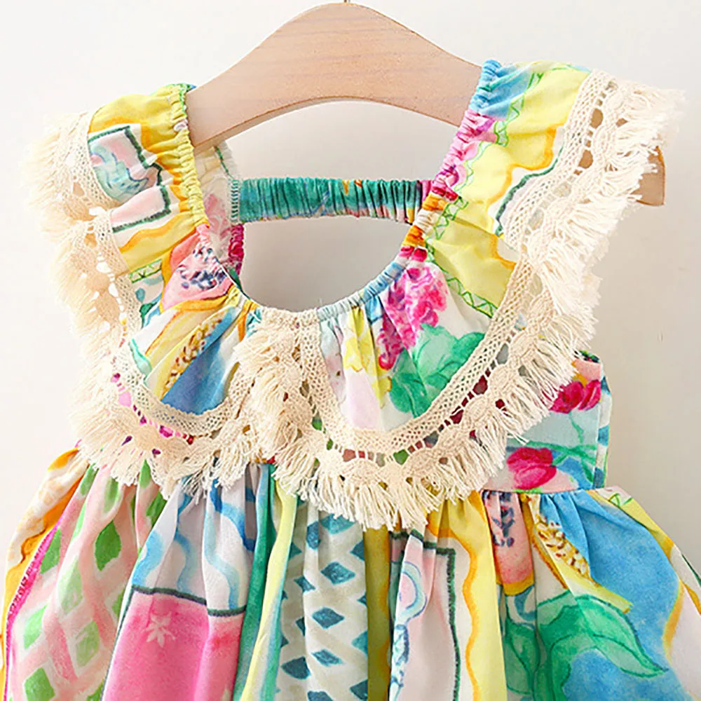 Summer New Girls Dress Halter Fringe Side Graffiti Hand Painted Wind Rainbow Holiday Birthday Party Team Dress