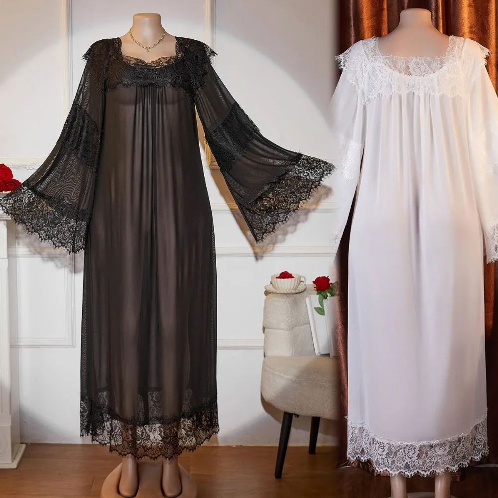 French Lace Patchwork Long Sleeve Square Sleep Dress for Women Black White Home Lounge Nightgown Versatile Vacation Cover Up