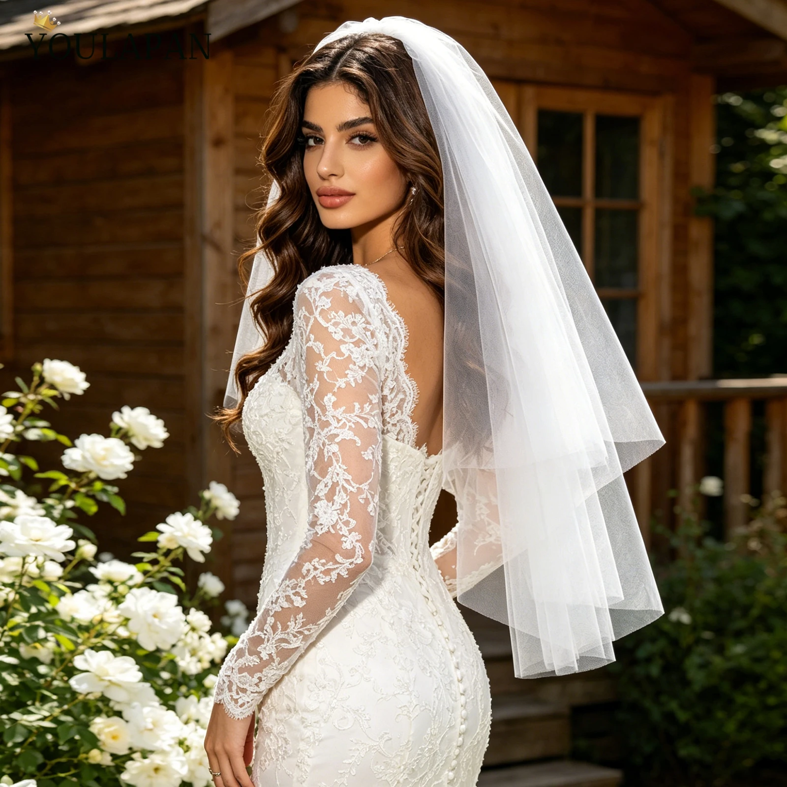 

TOPQUEEN V28 voile mariée свадебное платье короткое Elegant вуаль на лицо Double Soft Bridal Veil Covering Front And Back Blush