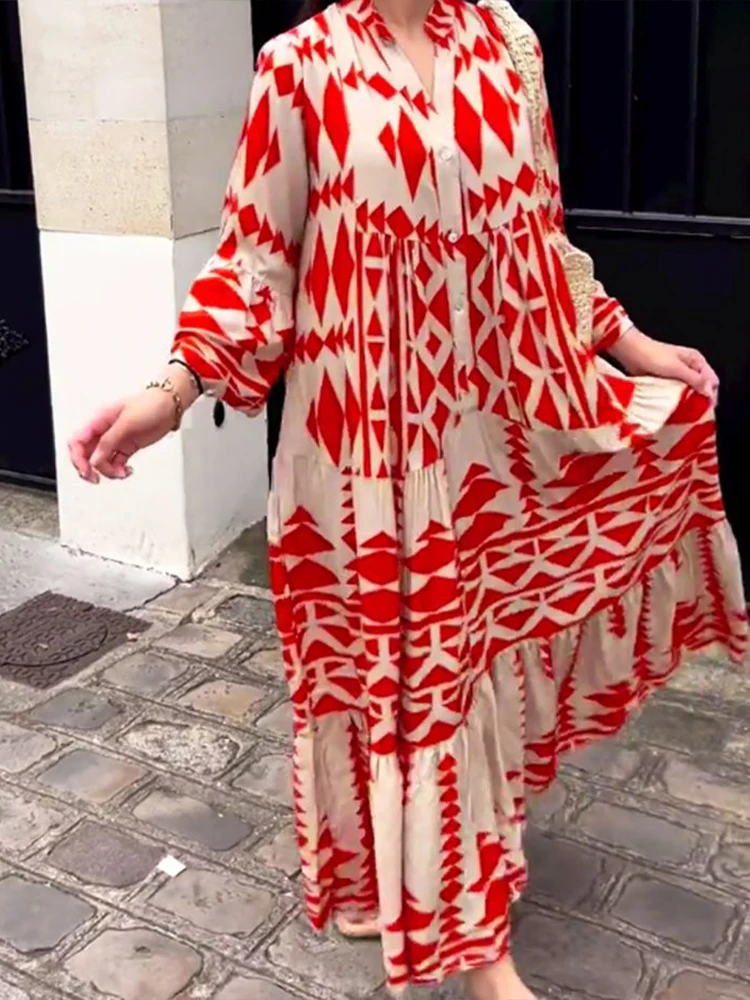 Long Dresses Women Summer Long Sleeve Pleated Boho Print Dress Ladies Fashion Vintage Boho Beach Maxi Dresses Vestidos