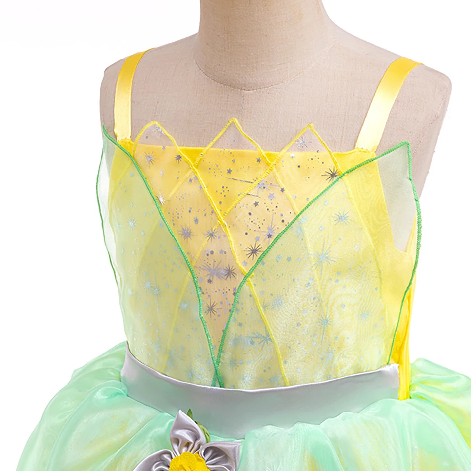 Vestido de Cosplay con decoración de ramas de flores brillantes, elfo verde encantador para niñas, adecuado para actuaciones del estado de Tiana y fiestas temáticas