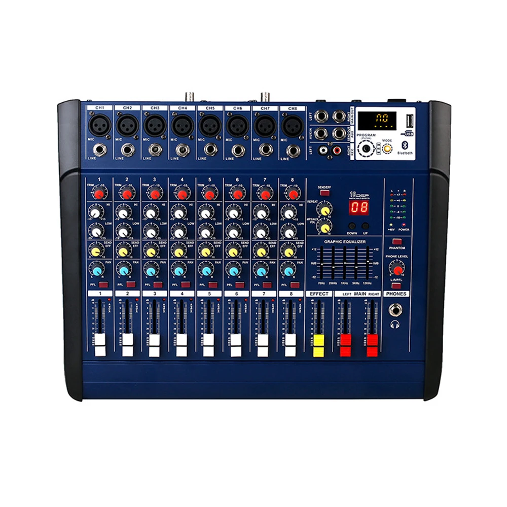 MiCWL Audio Pro 8 Channel Mixing Console Mixer 800W Power Amplifier 2x 250W Dual Way AMP USB 48V Phantom Noise Reduction BT