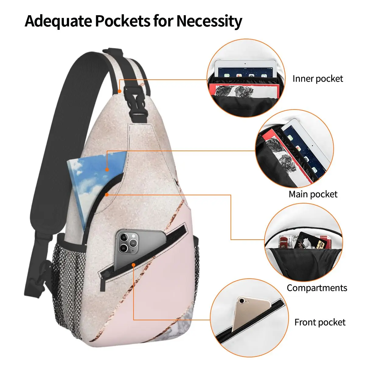 Spliced Mixed Rose Gold Marbl Chest Bag Men Sling Crossbody Backpack Chest Bag Travel Hiking Daypack Shoulder Bag