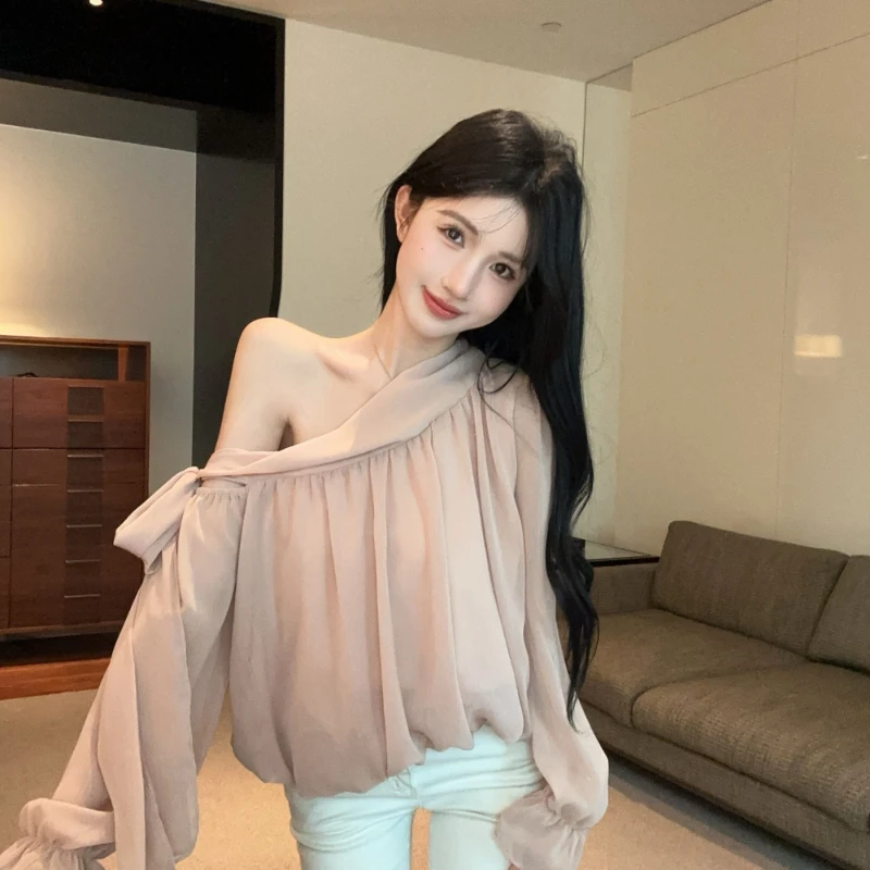 

Women's One Shoulder Tie Long Sleeve Chiffon Blouse French Style Loose Fit Pink Shirt For Autumn Casual Elegant Outfits