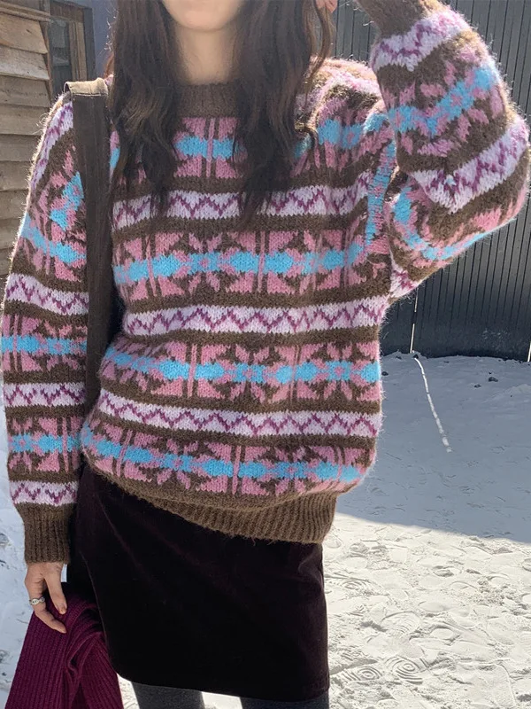 Suéter Retro coreano Sle redondo Ne de punto para mujer, suéter cálido con diseño de moda de invierno, Color Blo, bordado Floral