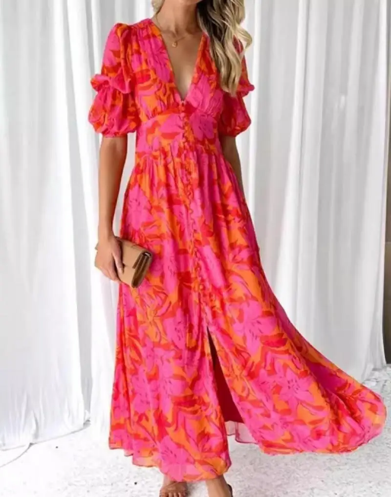 

Bohemian Vacation Style Women's V-Neck Short Sleeved Chiffon Dress High Waist Slit Flower Print Temperament Casual Long Dresses