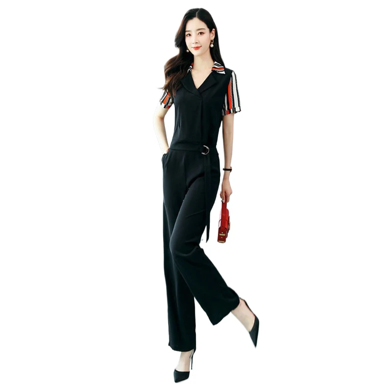 Vrouwen Korte Mouw Patchwork Jumpsuit Mode Elegante Hoge Taille Slanke Wijde Broek Romper Dames Kleding 2024 Zomer Nieuw