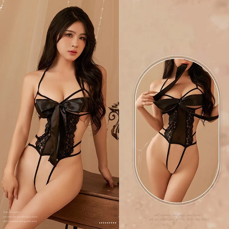 sexual lingerie woman Lace bow opening and breast bodysuit integrated style erotic babydoll woman hot lingerie sexy body suit