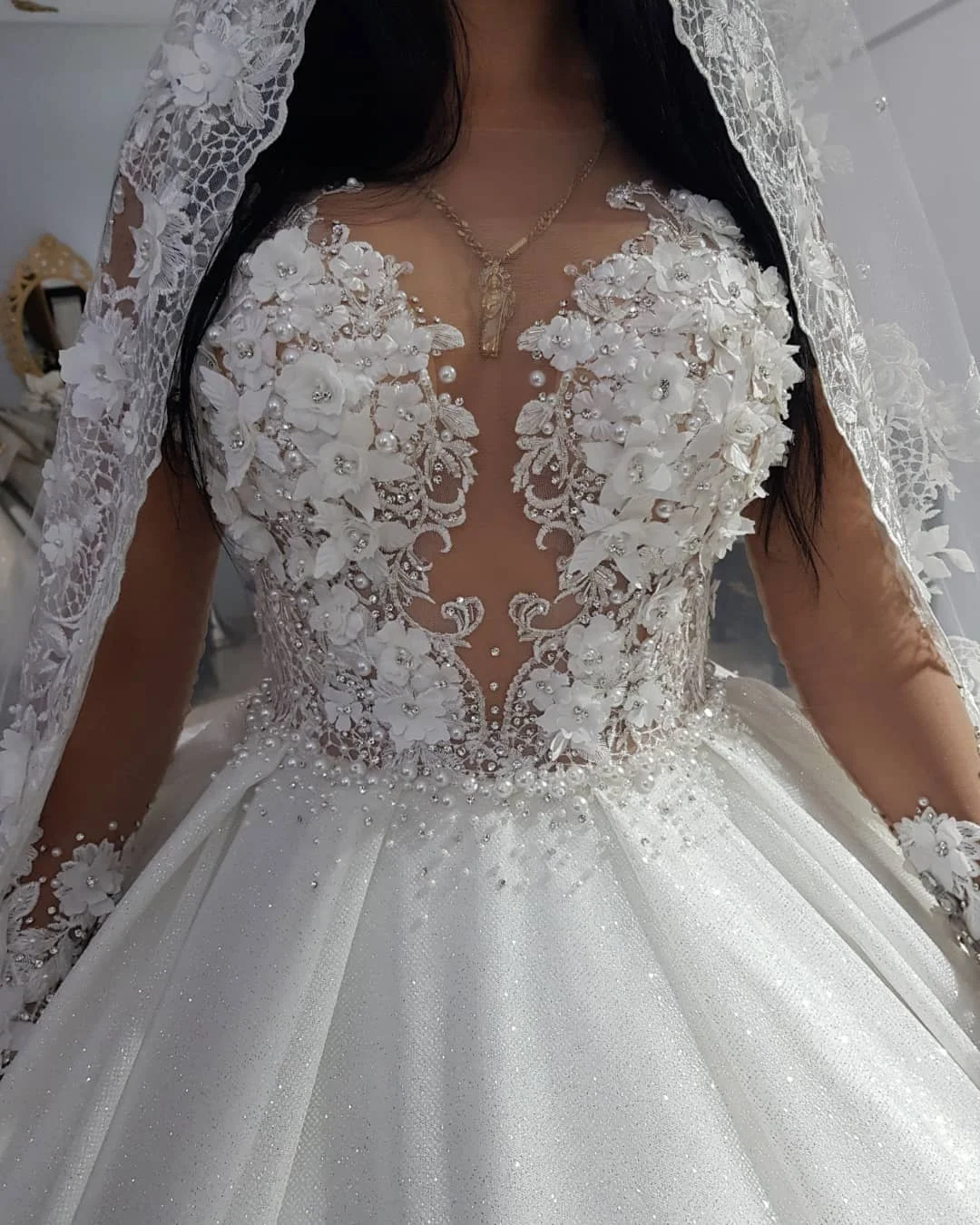 Robe de Mariée à Manches sulfen Tulle et Dentelle, Corset à Fleurs 3D Personnalisé, Appliques Pailletées, Grande Traîne, Tenue de Bal pour les Mariées