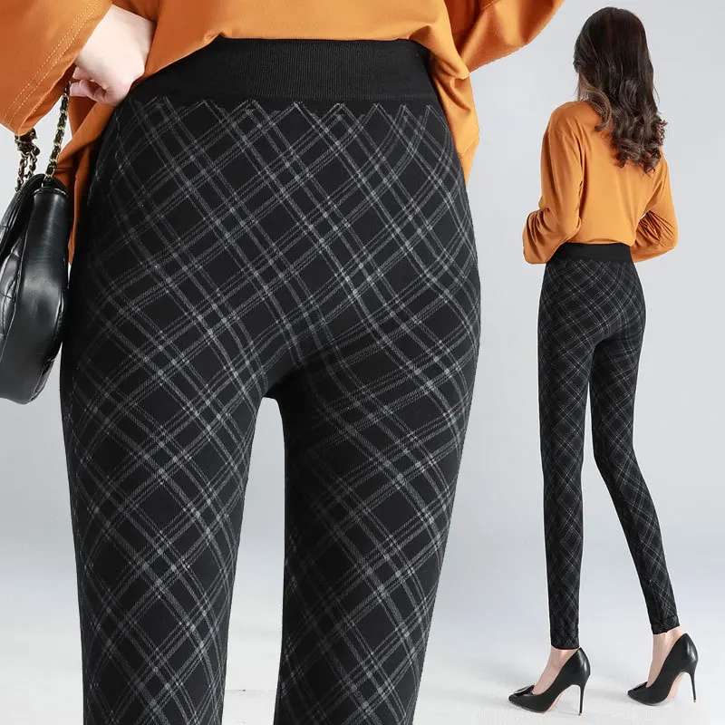 Fashion Retro Plaid Women\'s Leggings Lolita Spice Girl Versatile Diamond Stripe High Elastic High Waist Outerwear Pencil Pants