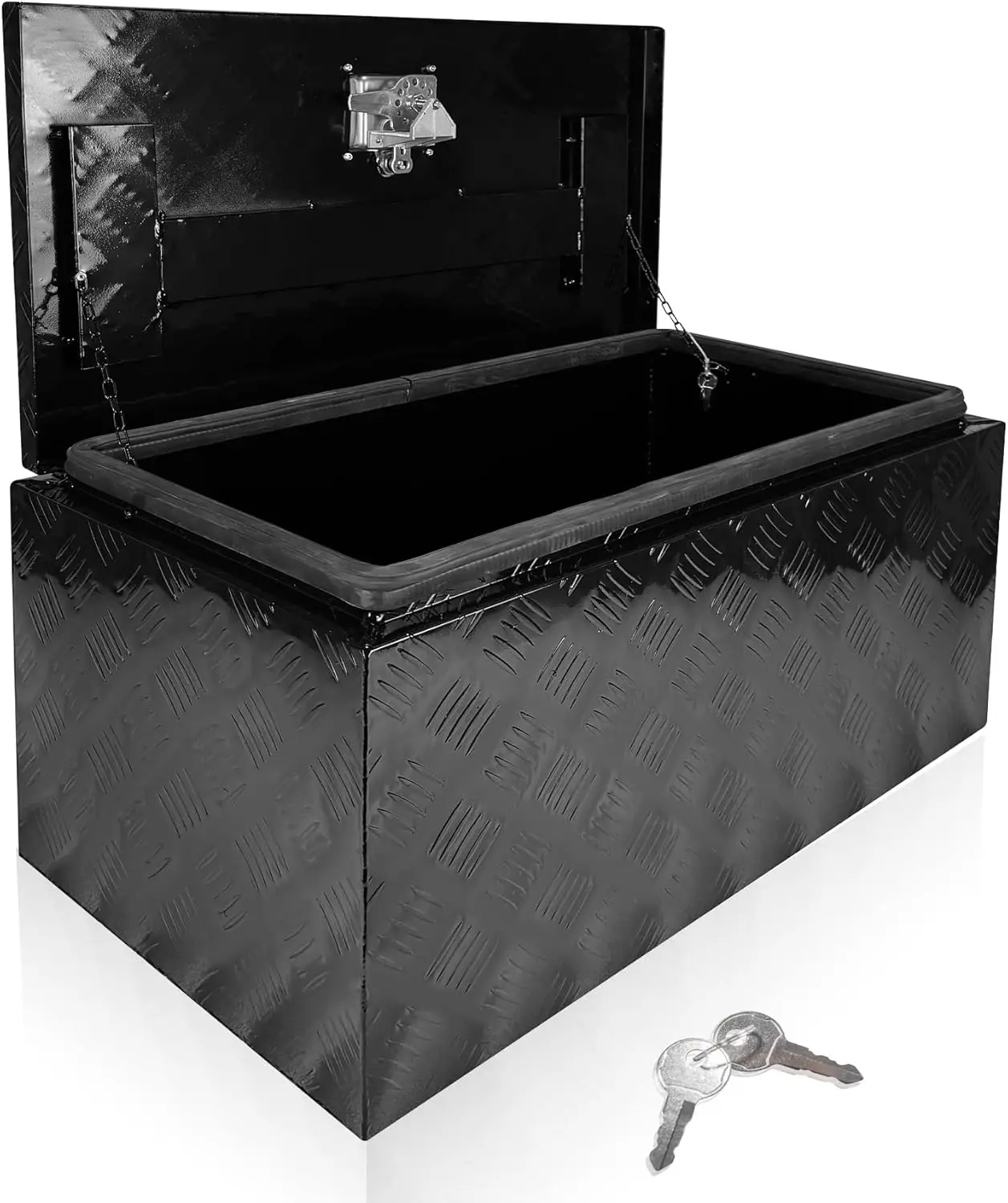 

Black Aluminum Heavy Duty Pickup Truck Bed and RV Trailer Tool Box with Lock, Diamond Plate Design