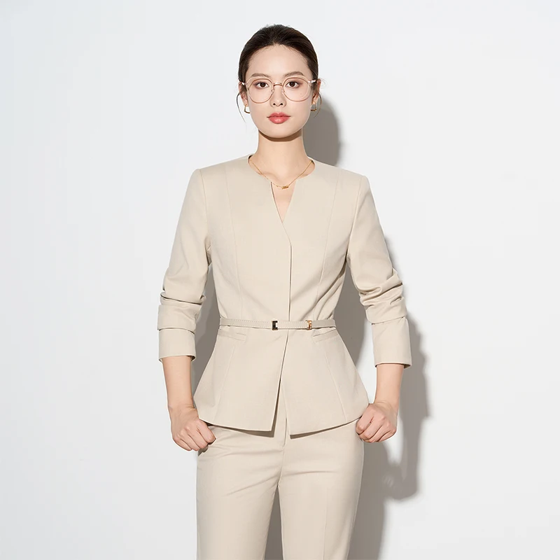 

Ladies Autumn Winter Business Commuting Set V-Neck Waist Belt Cinching Design Temperament Office Wear Casual Chic