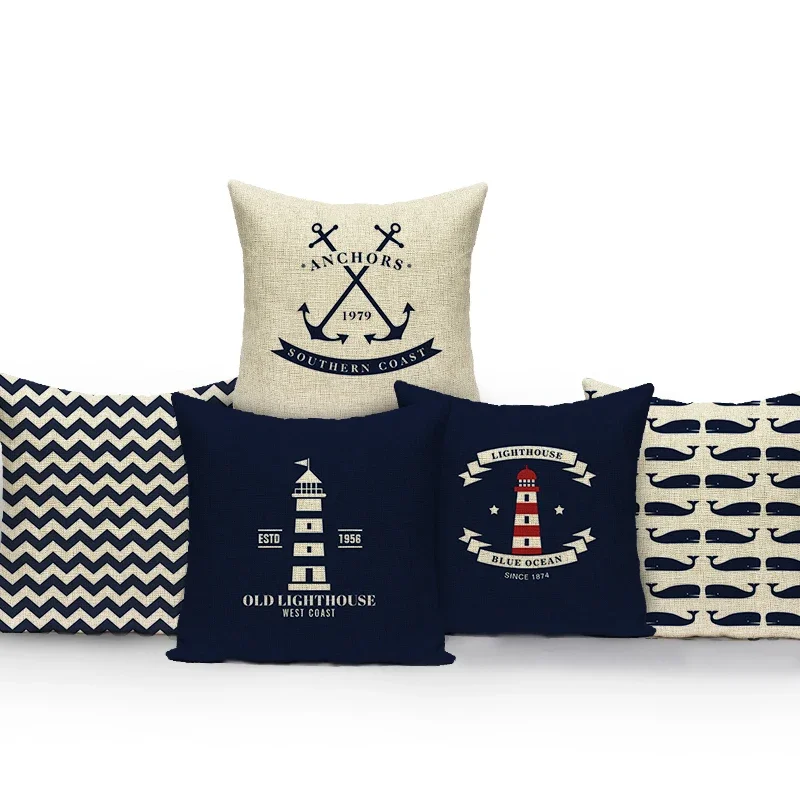 Sea Blue Compass Printed Cushion Cover Anchor Pattern Marine Ship Throw Pillow Case Decorative Pillowcase Cojines Almofadas