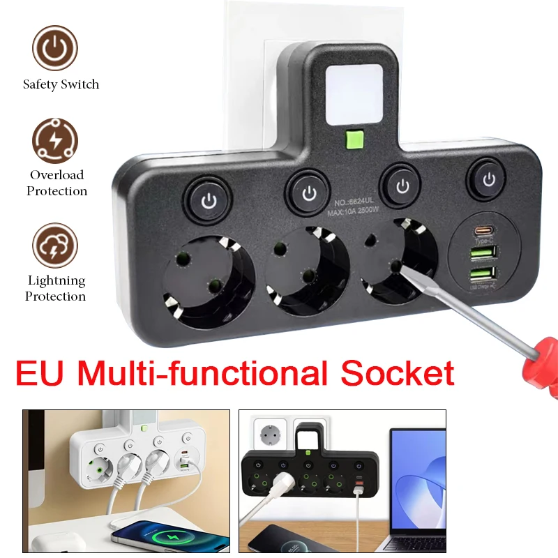 EU Multifunction Socket Switch USB Fast Charging Independent Control Multi-port Power Strip Overload Protection for Home Office