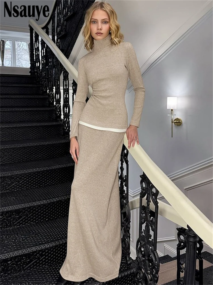 

Nsauye Women Elegant Ribber Knitted Long Sleeve Turtleneck Tops Maxi Bodycon Casual Sexy Club Skirt 2 Piece Set 2025 Autumn