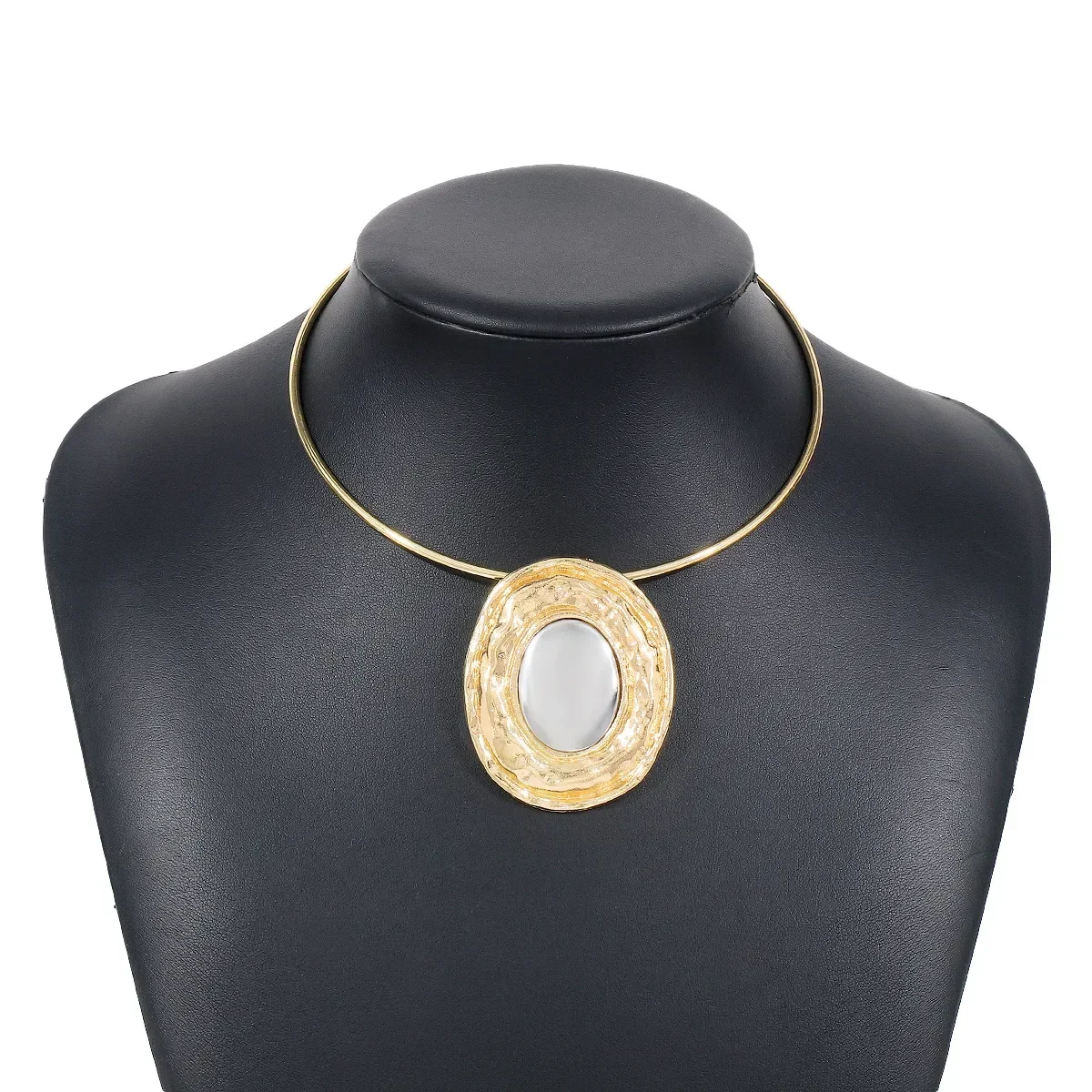 Trend European and American oval mirror necklaces with exaggerated personality and metal color blocking pendant collar unique