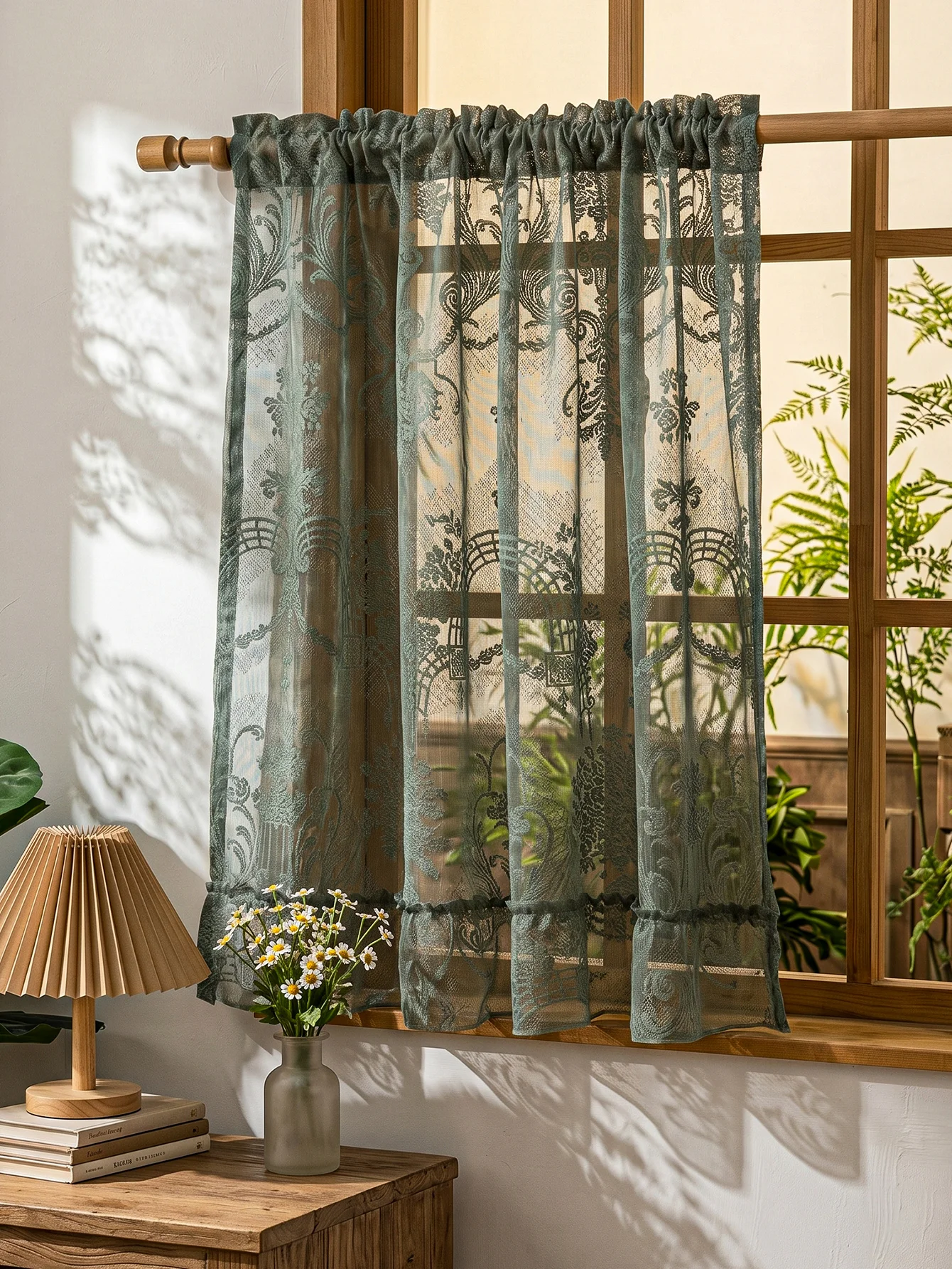 Retro Dark Green Lace Sheer Valance Curtain, Ornate Floral Embroidered Voile Cafe Curtain, Vintage Farmhouse Rod Pocket Short Cu
