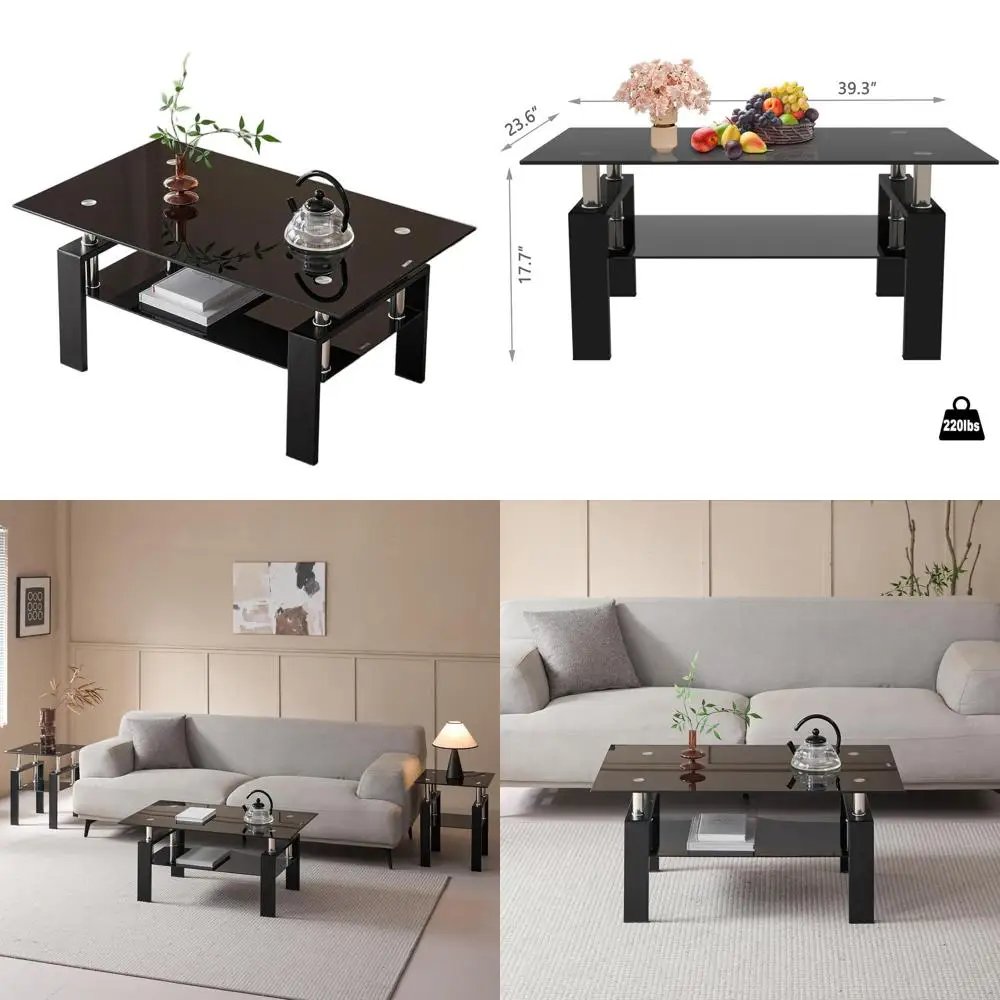 

Современный журнальный столик из закаленного стекла - элегантный полностью черный элемент интерьера для гостиной и офиса