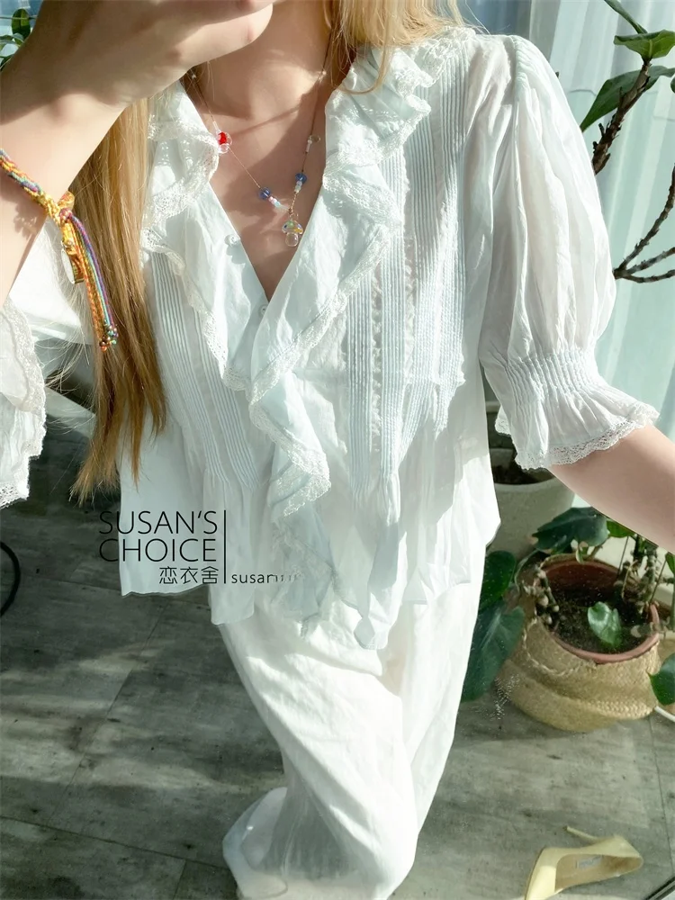 

Susan Pure Cotton Bubble Sve irt Женский французский топ прямого кроя ор Sve с кружевным воротником с цветочным принтом весна-лето