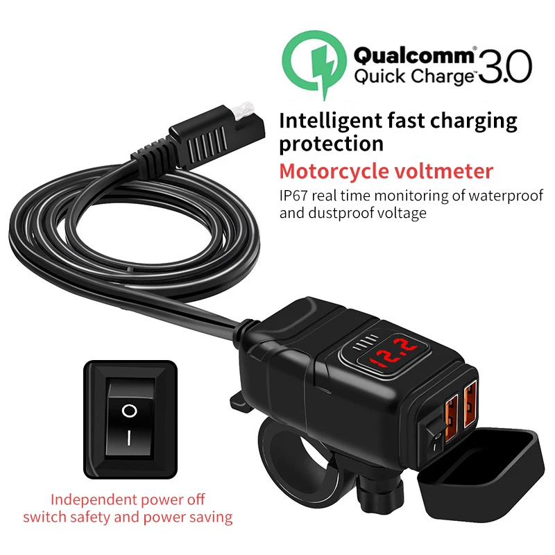 

12V 50W Motorcycle USB Fast Charger PD+QC3.0 Handlebar Dual USB Socket with Switch Voltmeter Waterproof Power Supply Adapter