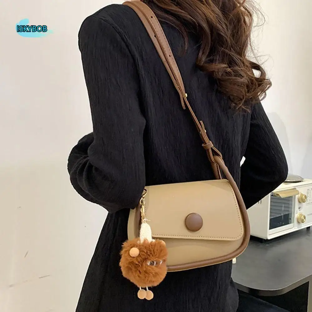 

PU Mini Square Crossbody Bag Korean Style Large Capacity Single Shoulder Bags Solid Color with Furry Pendant Mini Saddle Bag