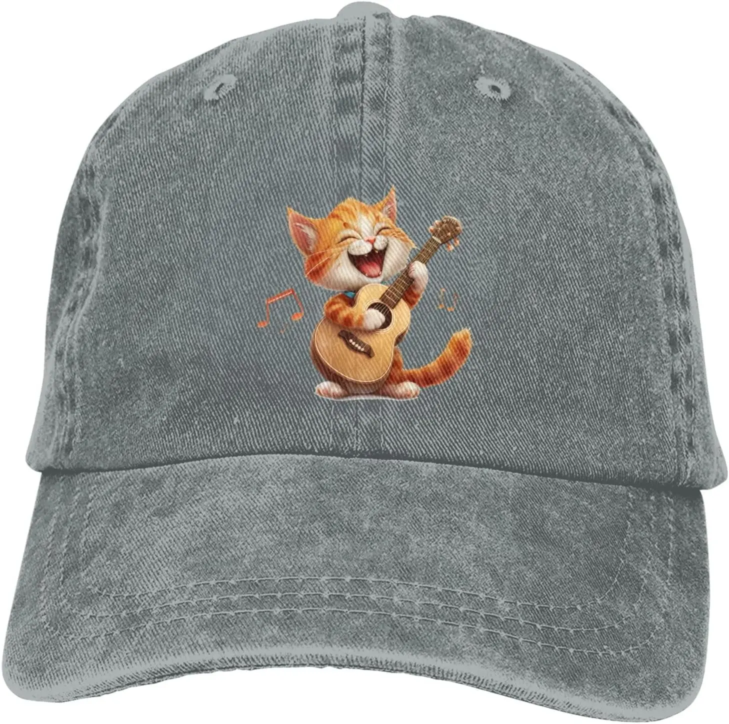 Happy Cat Play Guitar Notes Distressed Adjustable Washed Denim Cotton Low Profile Mens Dad Trucker Hat Black Fitted Baseball Cap