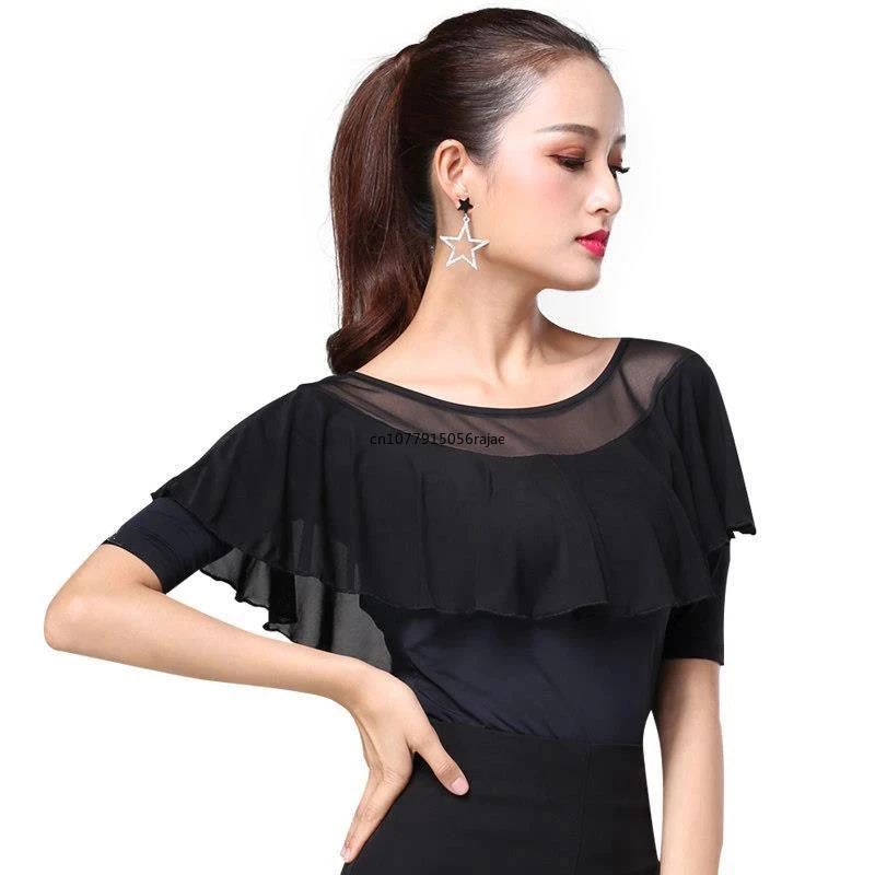 Women Waltz White Top Ruffled Latin Dance Mid-Sleeve Shirt New Modern Dance Practice Clothes Lady Samba Dance Clothing