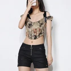 Spaghetti Strap Crop Top Women's Lovely Cat Bandage Bones Side Zipper Overbust Corset Vest Lace Up Princess Corset Top