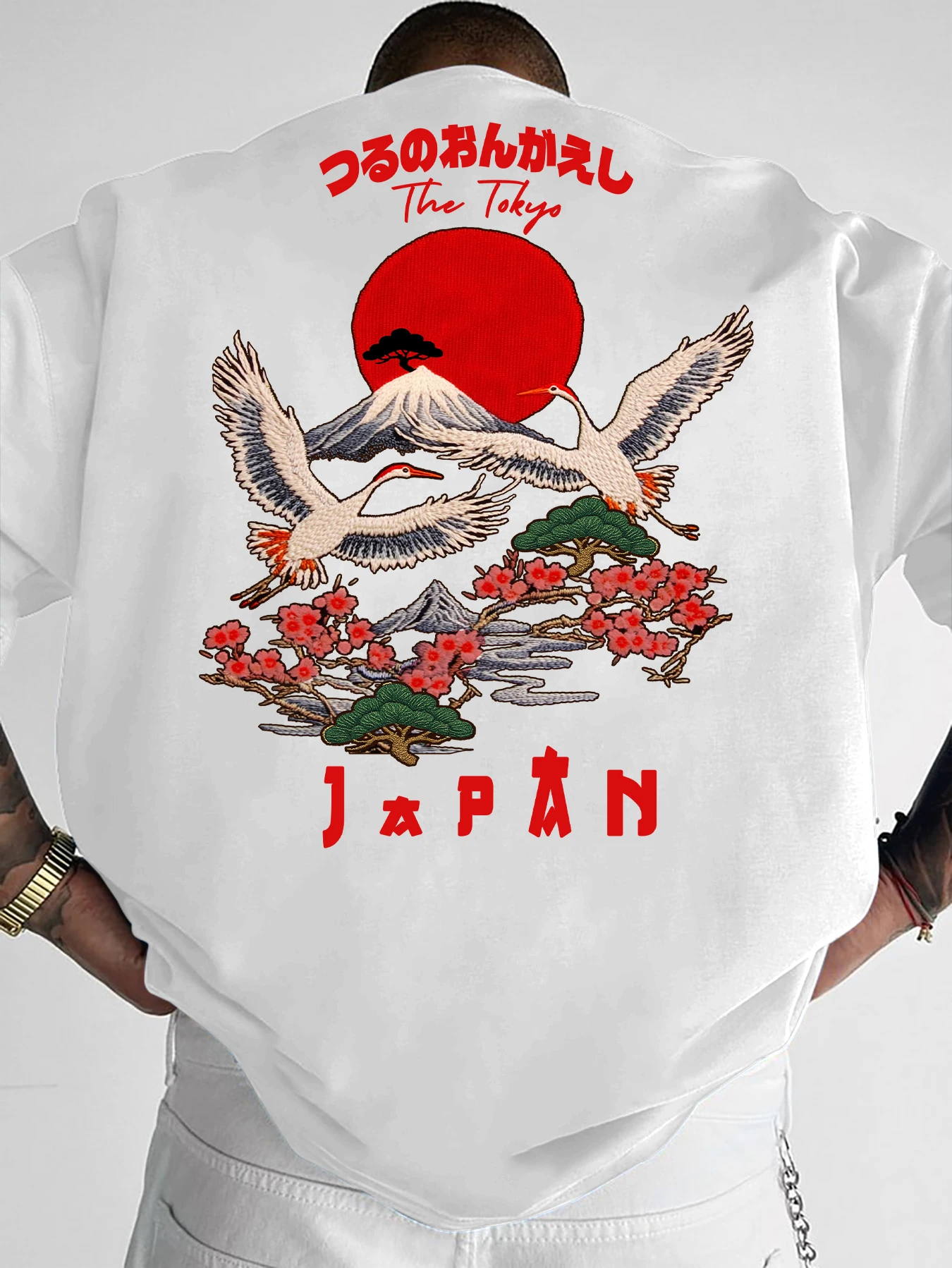 Men's Japan Tokyo Crane Mount Fuji Cherry Blossom Print T-Shirt S-XXL