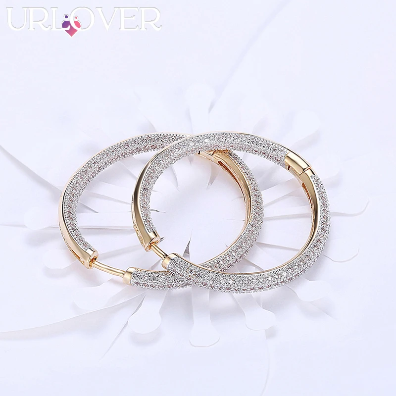 

URLOVER 925 Sterling Silver Earring For Woman AAA Zircon Gold Hoop Earrings Lady Fashion Party Birthday Wedding Jewelry Gift