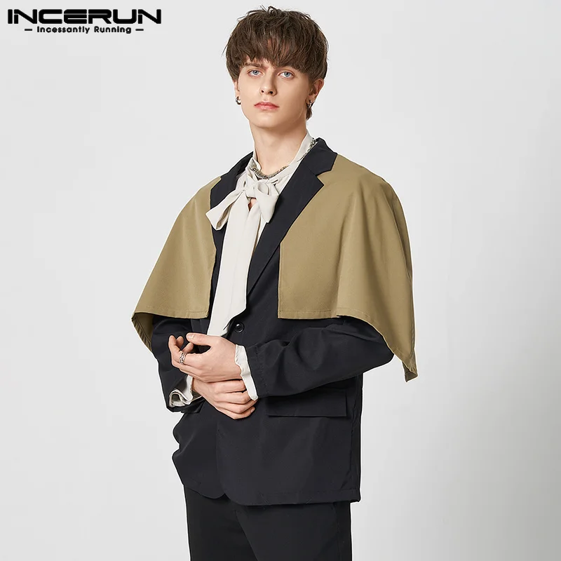 

INCERUN 2023 Men Blazer Patchwork Lapel Long Sleeve Button Streetwear Fashion Irregular Suits Men Personality Cloak Coats S-5XL