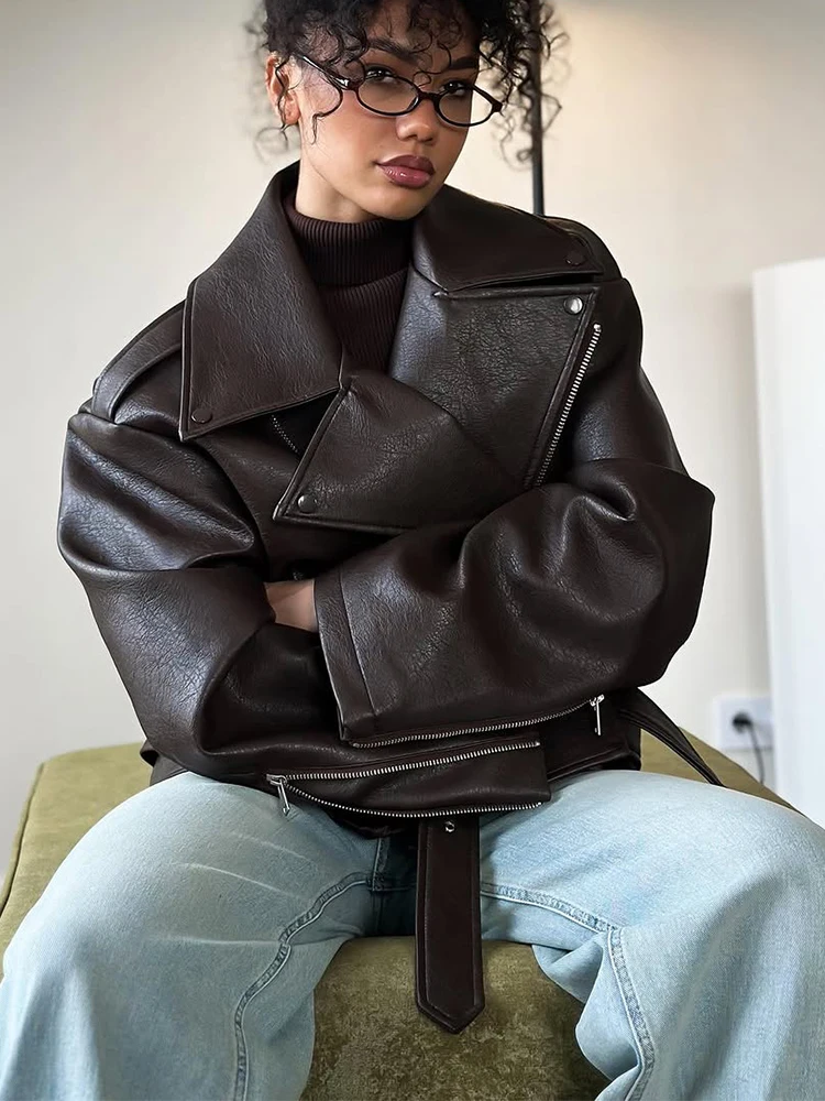 سترة قصيرة من الجلد البني بكتف عريض للنساء، سترات عصرية بأكمام طويلة وياقة من البولي يوريثان، سترة جديدة بزر واحد، ملابس خارجية يومية للشارع #5