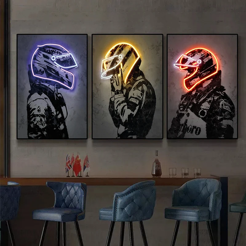 Neon Design Racing Car Driver Helmet Poster Canvas Painting F1 Hamilton Wall Art For Modern Living Room Home Decoration No LED