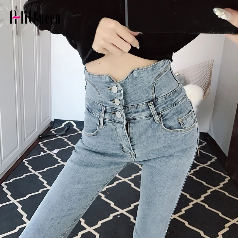 

Vintage High Waist Strentch Sexy Button Fly Pencil Jeans Pants Femme Long Denim Pant Women Slim Distressed Trousers Streetwear