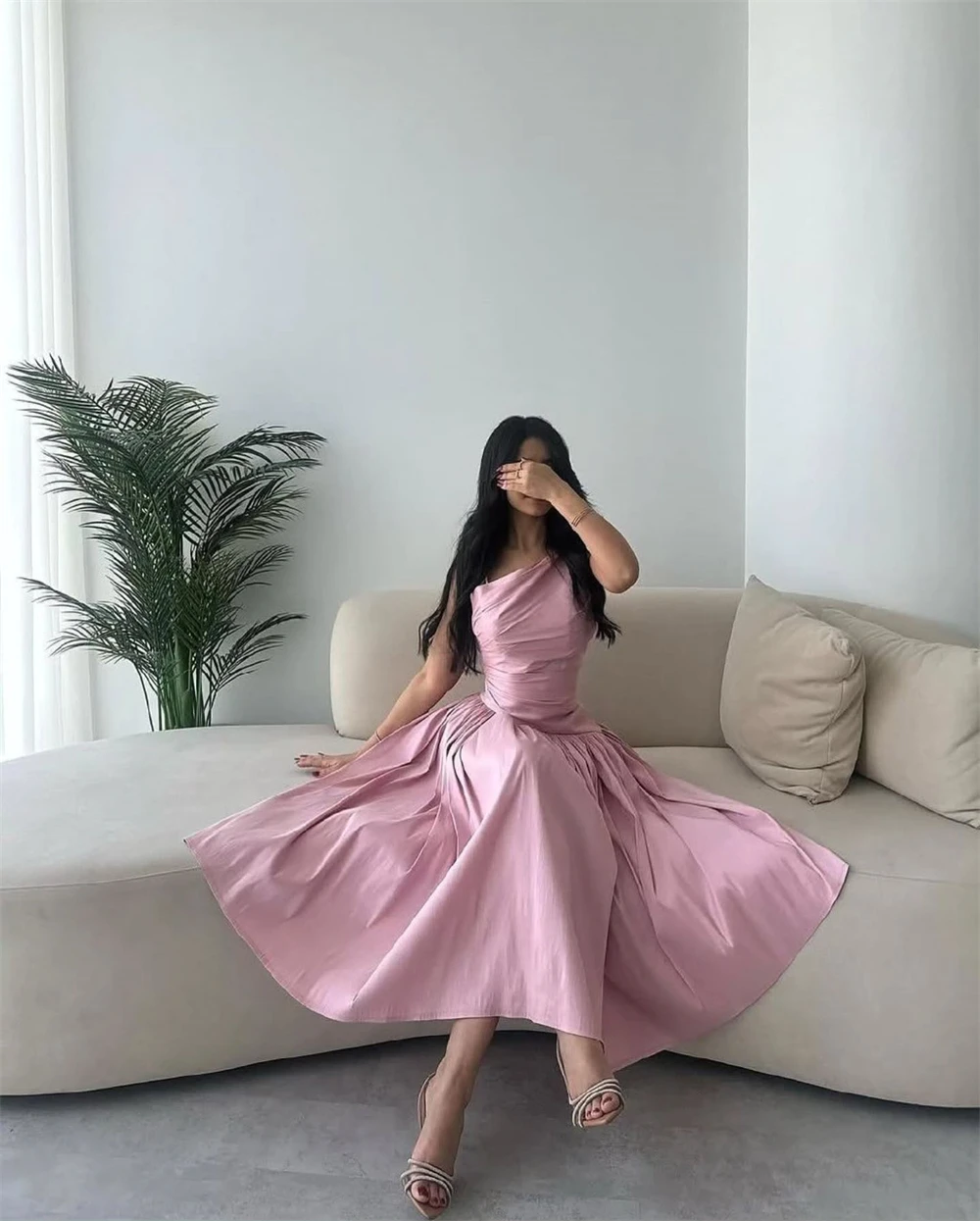 Customized Evening Dress Exquisite Spaghetti Strapless Prom Dress Satin Sleeveless A-Line Tea Length Special Occasion Gowns