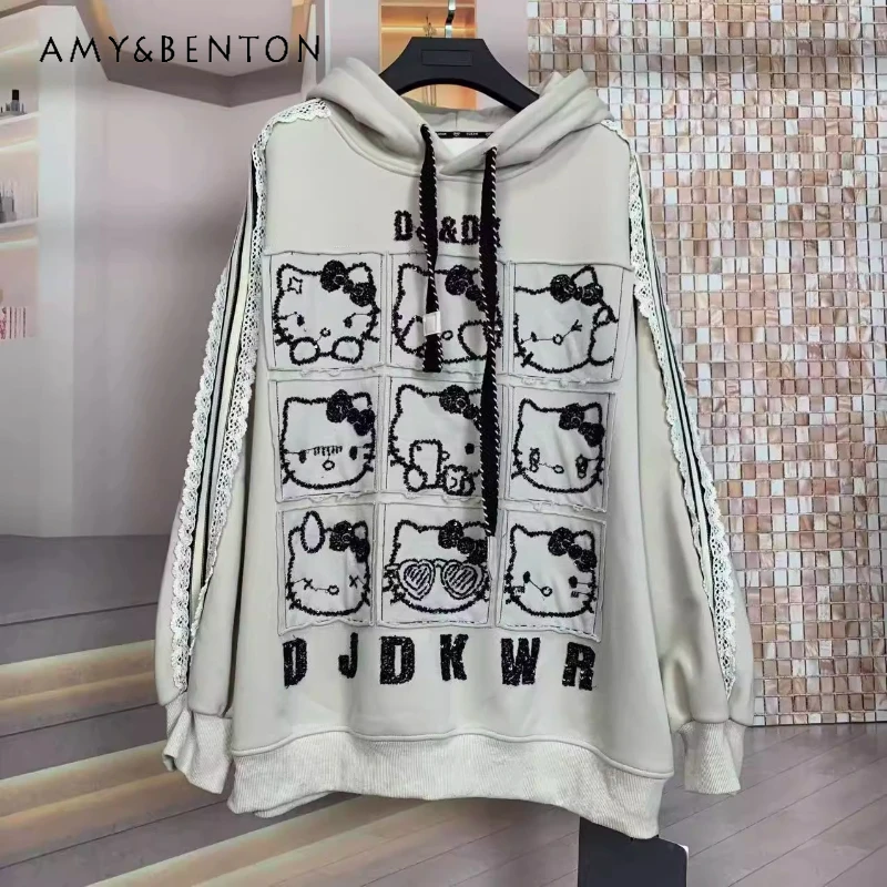 

Trendy Brand Fleece Heavy Industry Cartoon Cat Sweet Cute Loose Hooded Sweatshirt For Women's Y2k Kawaii Hoodies Jacket Ladies