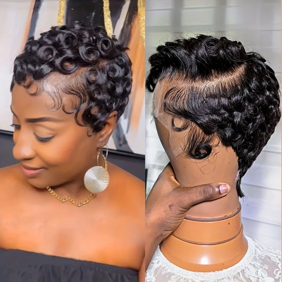 

13x4 Human Hair Curly Lace Wig Short Pixie Cut Lace Front Wigs Side Part Pre Plucked with Baby Hair Natural Black Indian Hair