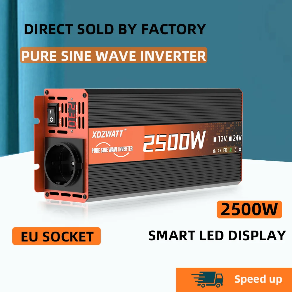 

portability Pure Sine Wave Inverter 2500W EU Socket 12V to 230V 50Hz For Car RV Boat Solar Battery with LCD Display